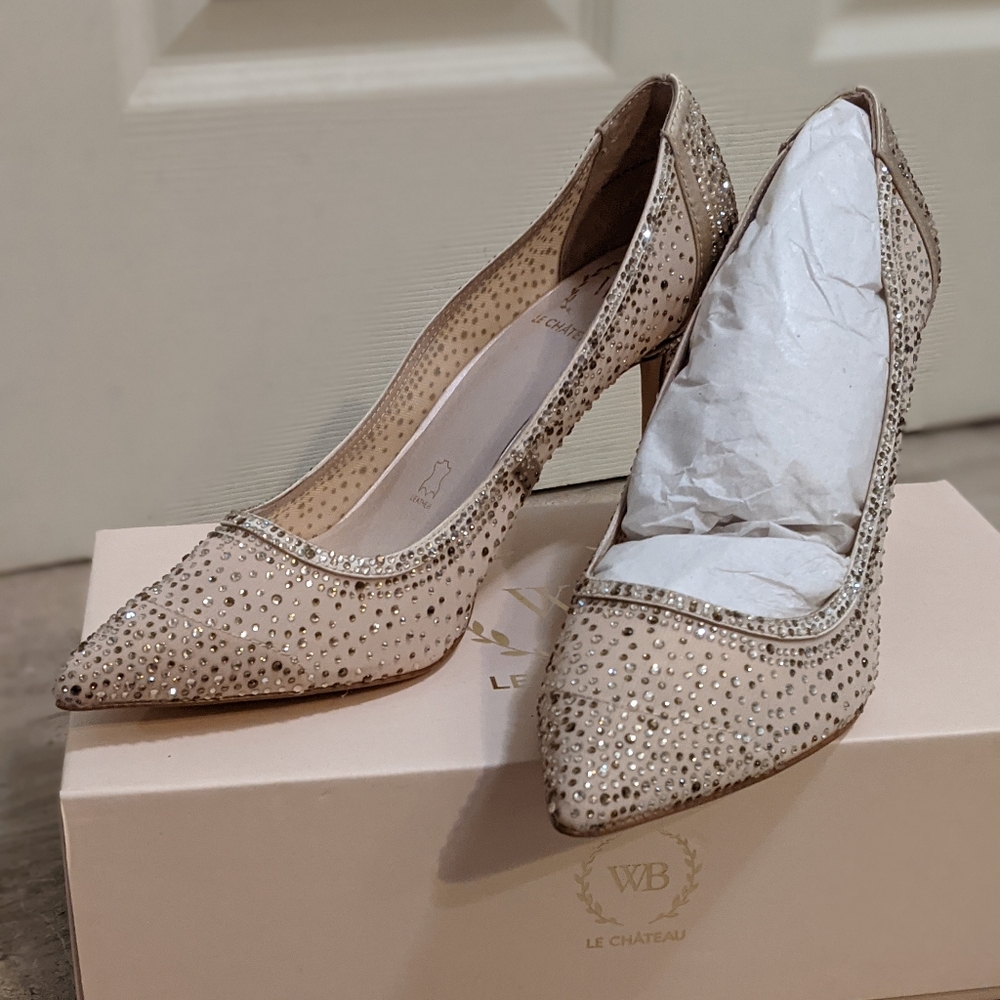 Nude mesh shiffon crystal rhinestone heels